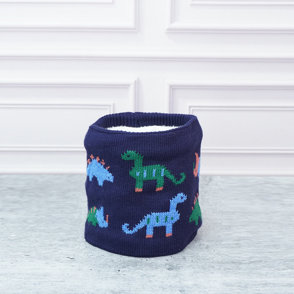 2pcs Dark Navy Dino themed Beanie Winter Cap with matching Neck Cuff style Muffler for Kids, 5-15 Years