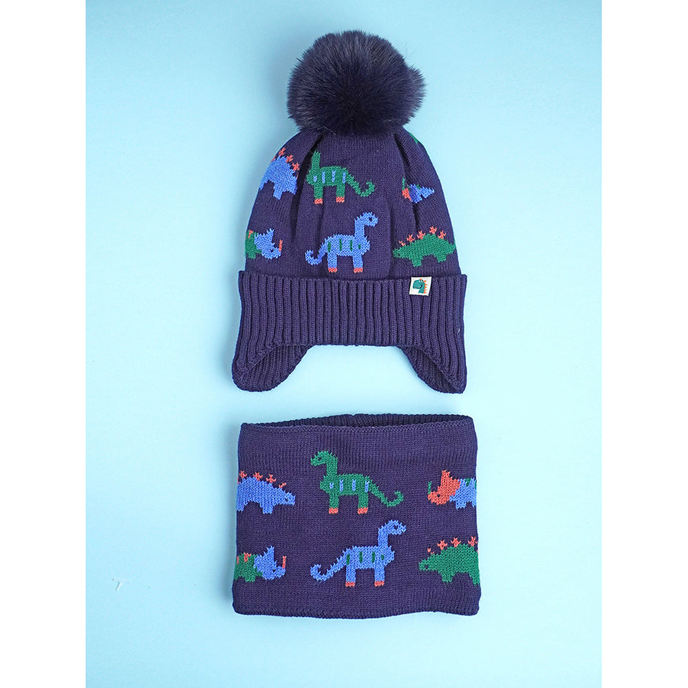 2pcs Dark Navy Dino themed Beanie Winter Cap with matching Neck Cuff style Muffler for Kids, 5-15 Years
