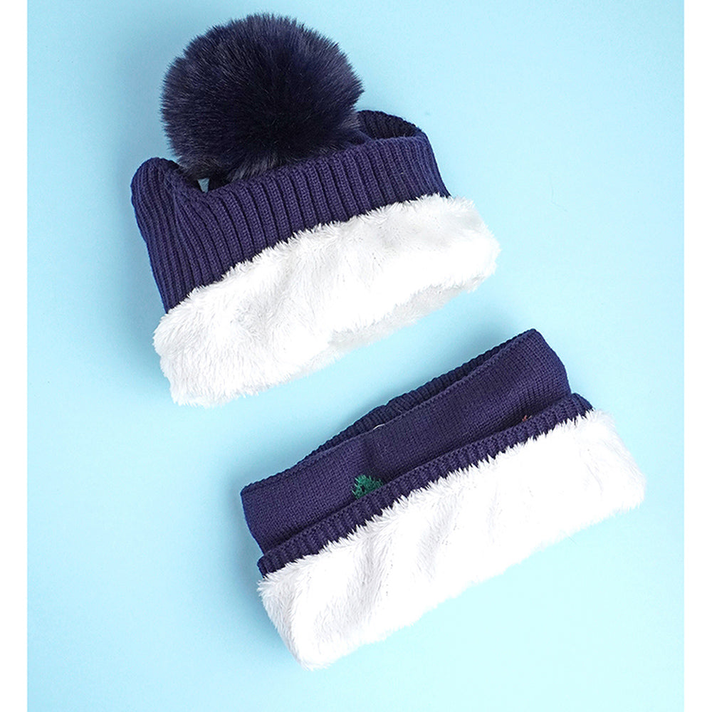 2pcs Dark Navy Dino themed Beanie Winter Cap with matching Neck Cuff style Muffler for Kids, 5-15 Years