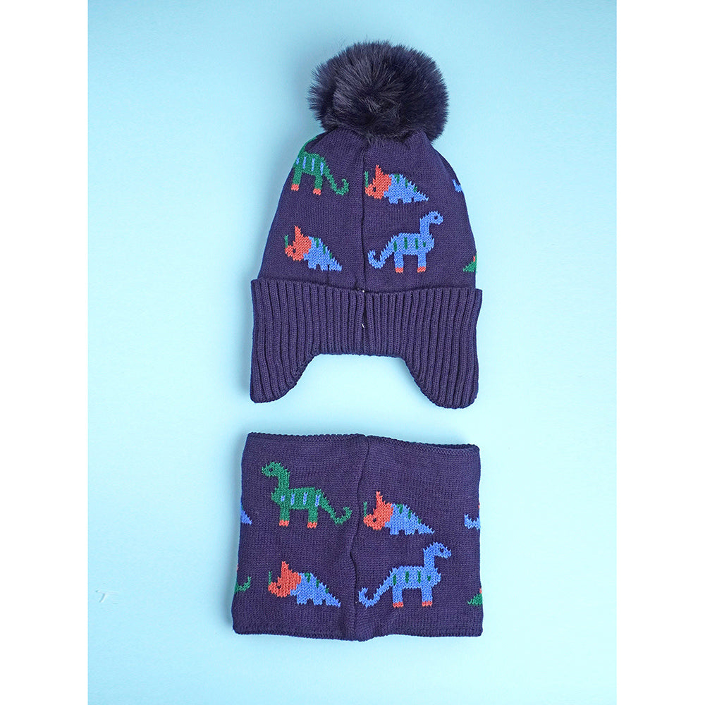 2pcs Dark Navy Dino themed Beanie Winter Cap with matching Neck Cuff style Muffler for Kids, 5-15 Years