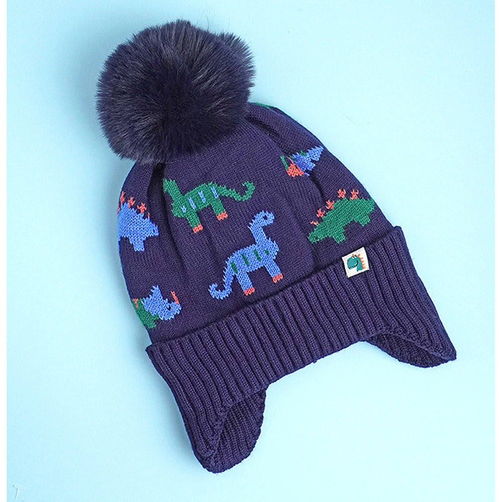 2pcs Dark Navy Dino themed Beanie Winter Cap with matching Neck Cuff style Muffler for Kids, 5-15 Years