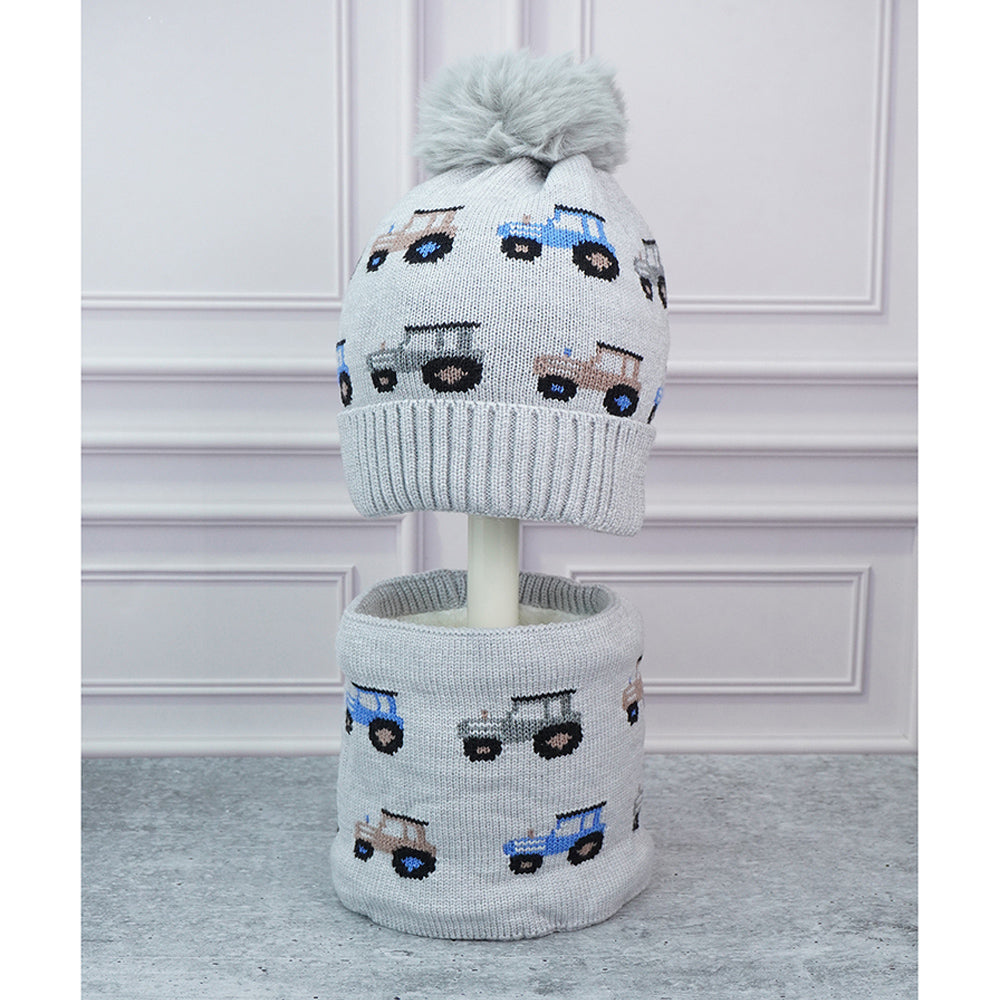 2pcs Grey Cars themed Beanie Winter Cap with matching Neck Cuff style Muffler for Kids