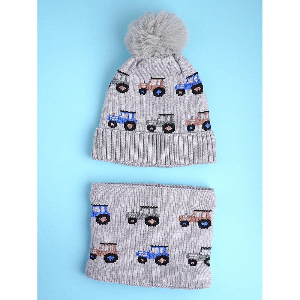 2pcs Grey Cars themed Beanie Winter Cap with matching Neck Cuff style Muffler for Kids, 5-10 Years