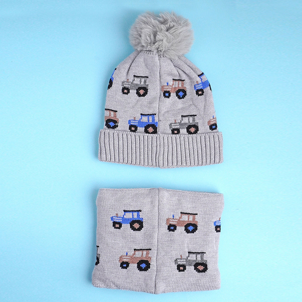 2pcs Grey Cars themed Beanie Winter Cap with matching Neck Cuff style Muffler for Kids, 5-10 Years