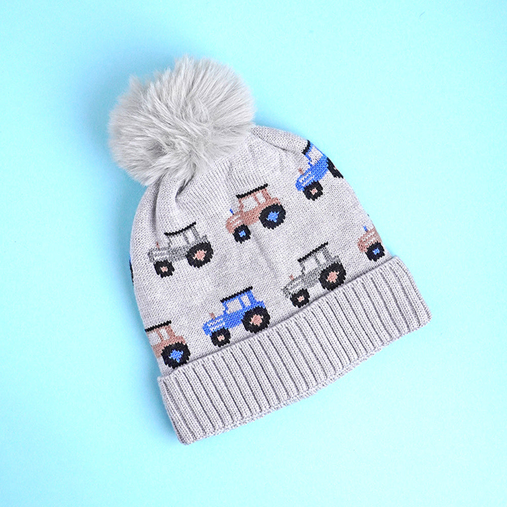 2pcs Grey Cars themed Beanie Winter Cap with matching Neck Cuff style Muffler for Kids, 5-10 Years