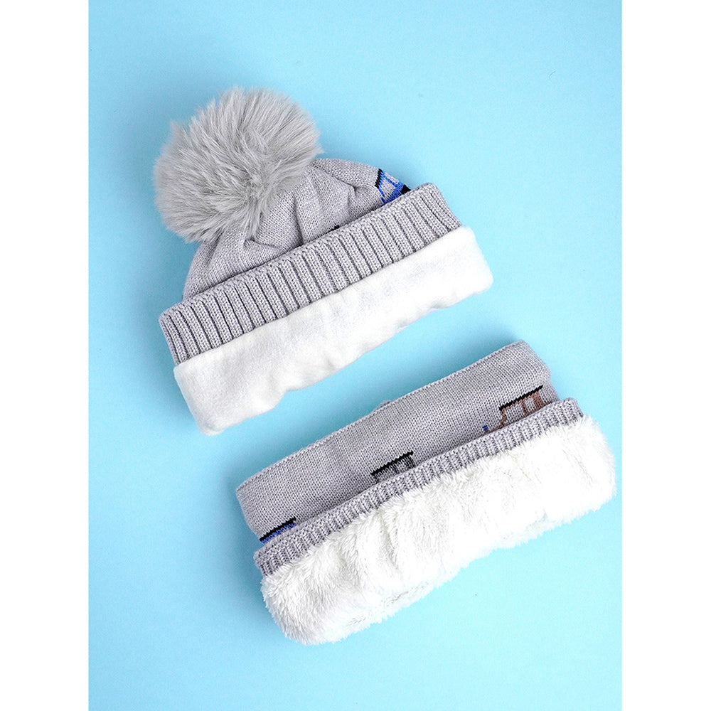 2pcs Grey Cars themed Beanie Winter Cap with matching Neck Cuff style Muffler for Kids, 5-10 Years