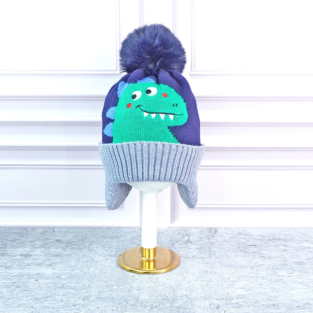 2pcs Blue Green Face Dino themed Beanie Winter Cap with matching Neck Cuff style Muffler for Kids