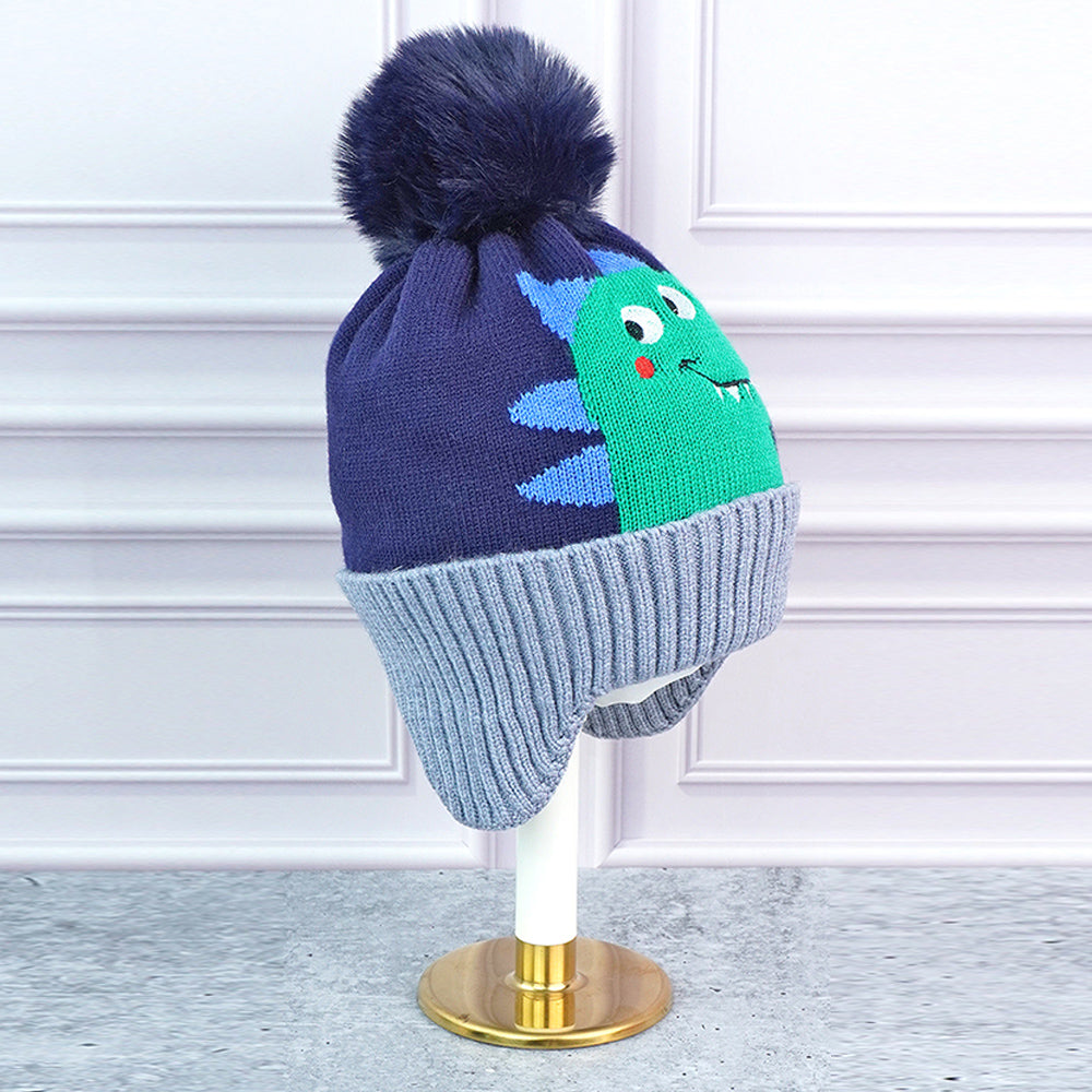 2pcs Blue Green Face Dino themed Beanie Winter Cap with matching Neck Cuff style Muffler for Kids