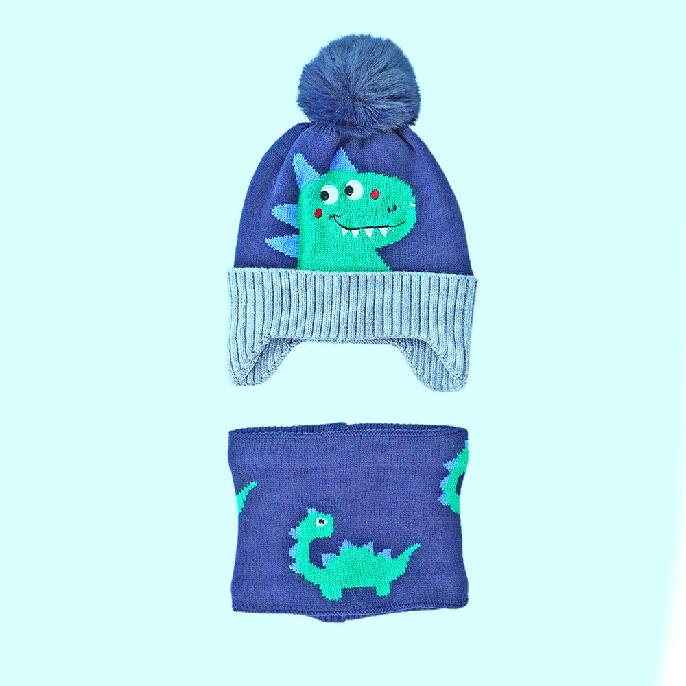 2pcs Blue Green Face Dino themed Beanie Winter Cap with matching Neck Cuff style Muffler for Kids