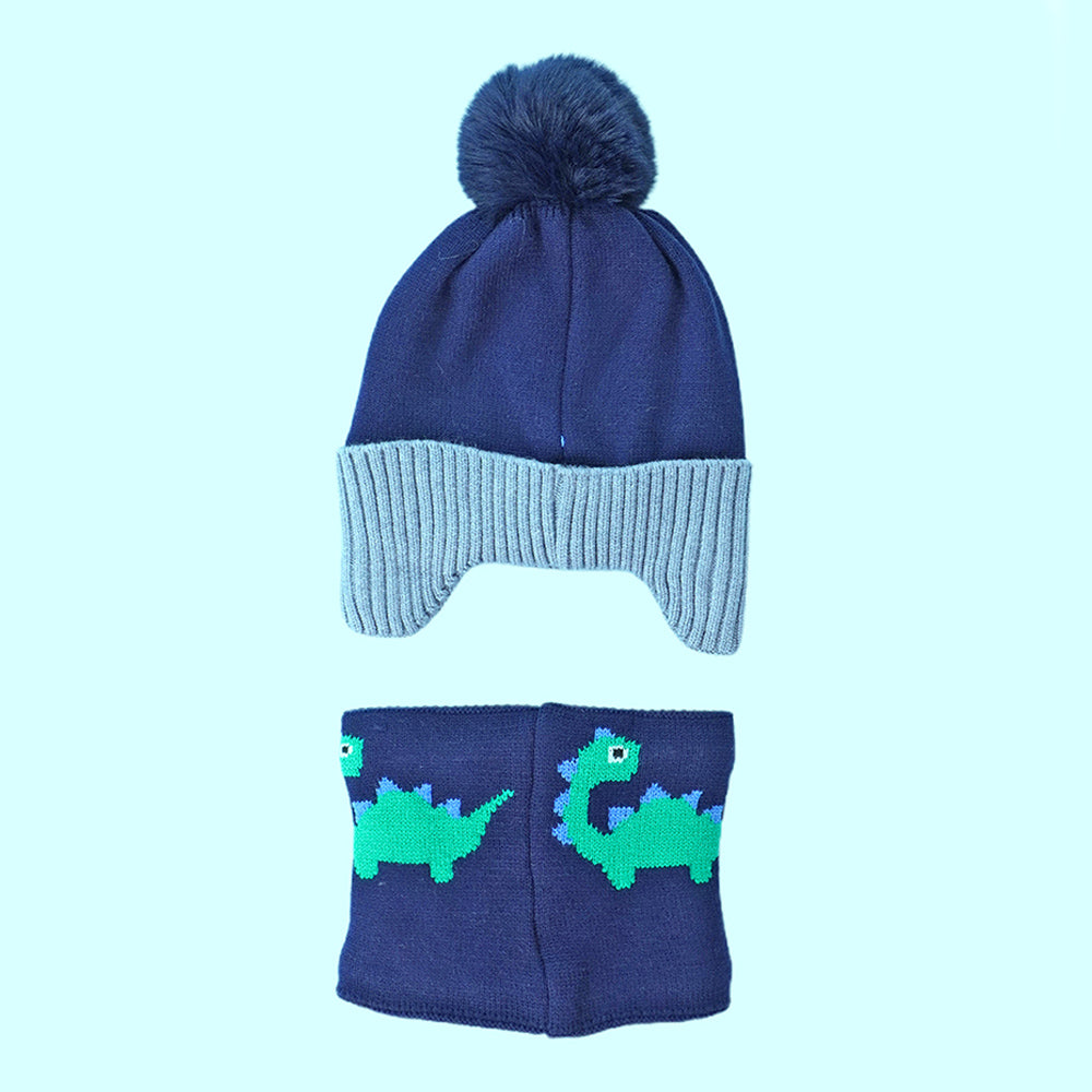 2pcs Blue Green Face Dino themed Beanie Winter Cap with matching Neck Cuff style Muffler for Kids