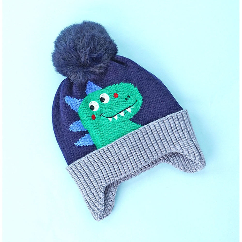 2pcs Blue Green Face Dino themed Beanie Winter Cap with matching Neck Cuff style Muffler for Kids