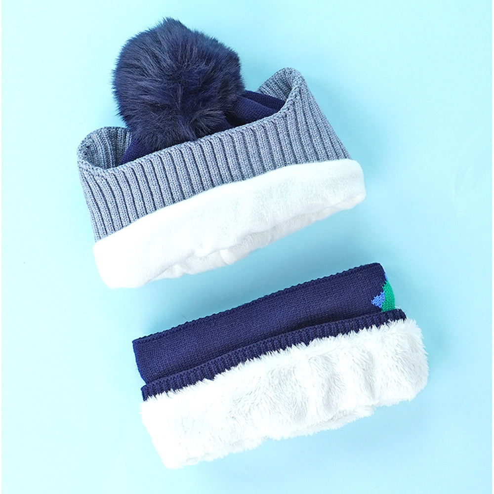 2pcs Blue Green Face Dino themed Beanie Winter Cap with matching Neck Cuff style Muffler for Kids