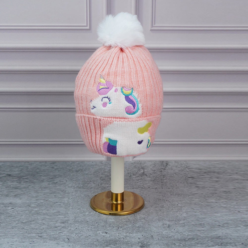 2pcs Peach Unicorn themed Beanie Winter Cap with matching Long style Neck Muffler for Kids, 4-10 Years