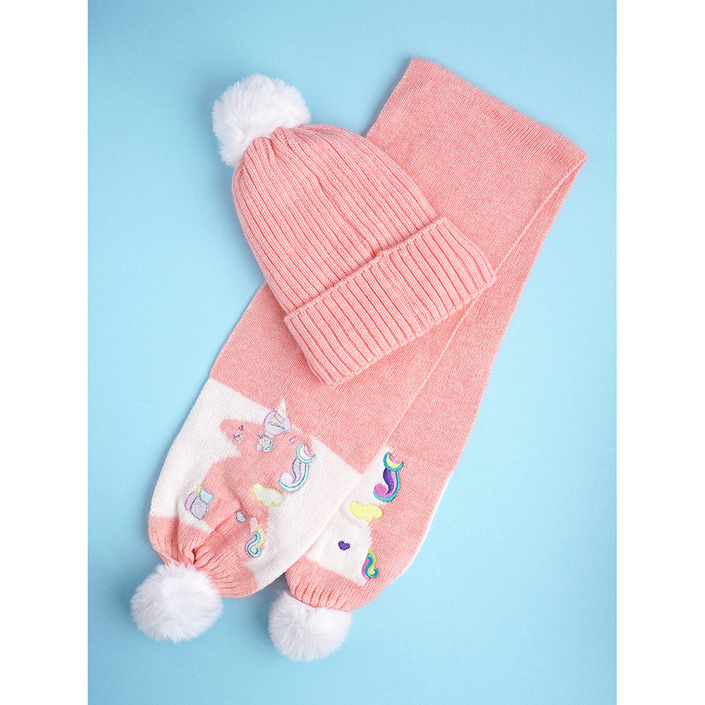 2pcs Peach Unicorn themed Beanie Winter Cap with matching Long style Neck Muffler for Kids, 4-10 Years