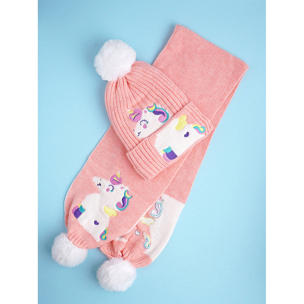 2pcs Peach Unicorn themed Beanie Winter Cap with matching Long style Neck Muffler for Kids, 4-10 Years