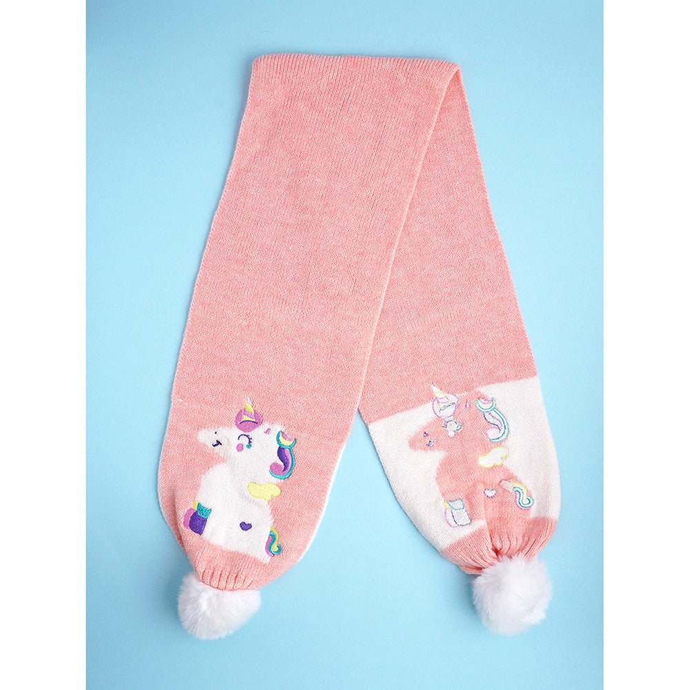 2pcs Peach Unicorn themed Beanie Winter Cap with matching Long style Neck Muffler for Kids, 4-10 Years