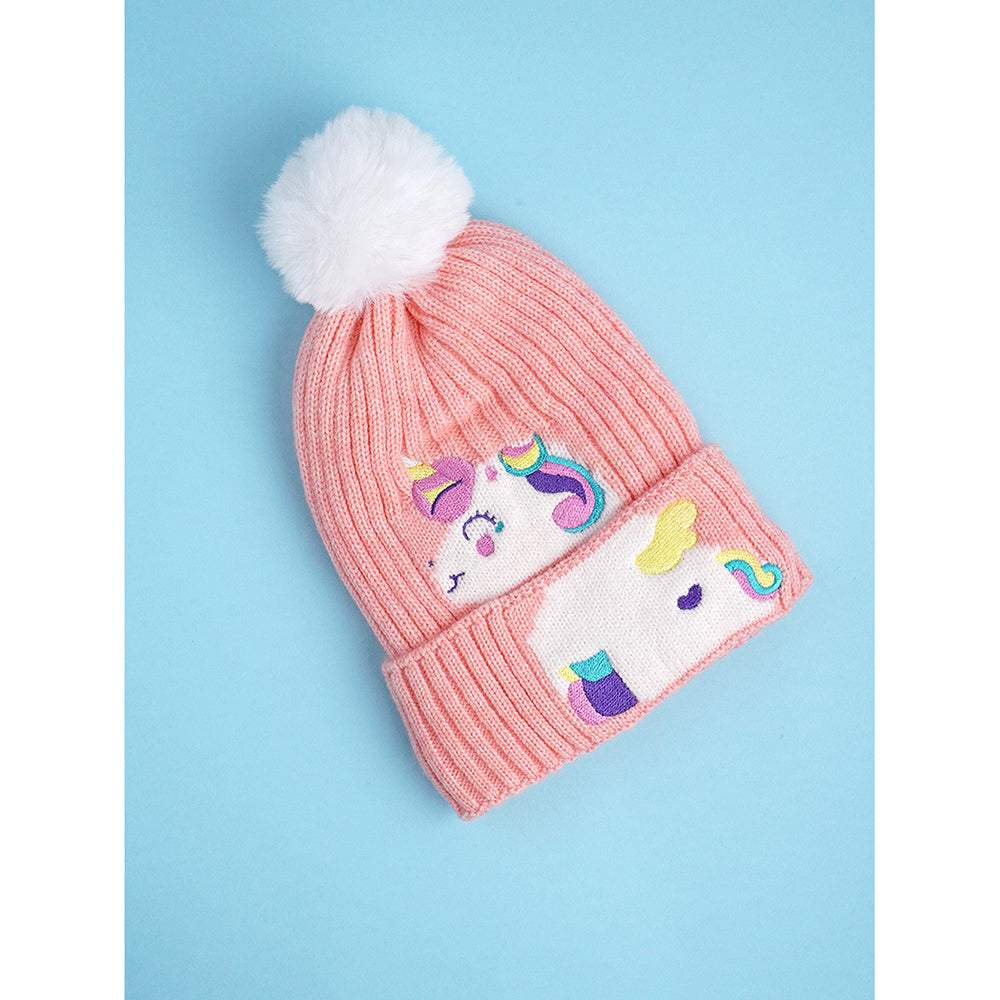 2pcs Peach Unicorn themed Beanie Winter Cap with matching Long style Neck Muffler for Kids, 4-10 Years