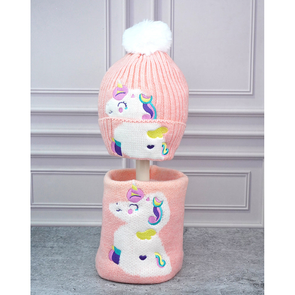 2pcs Peach Unicorn themed Beanie Winter Cap with matching Neck Cuff style Muffler for Kids, 4-10 Years