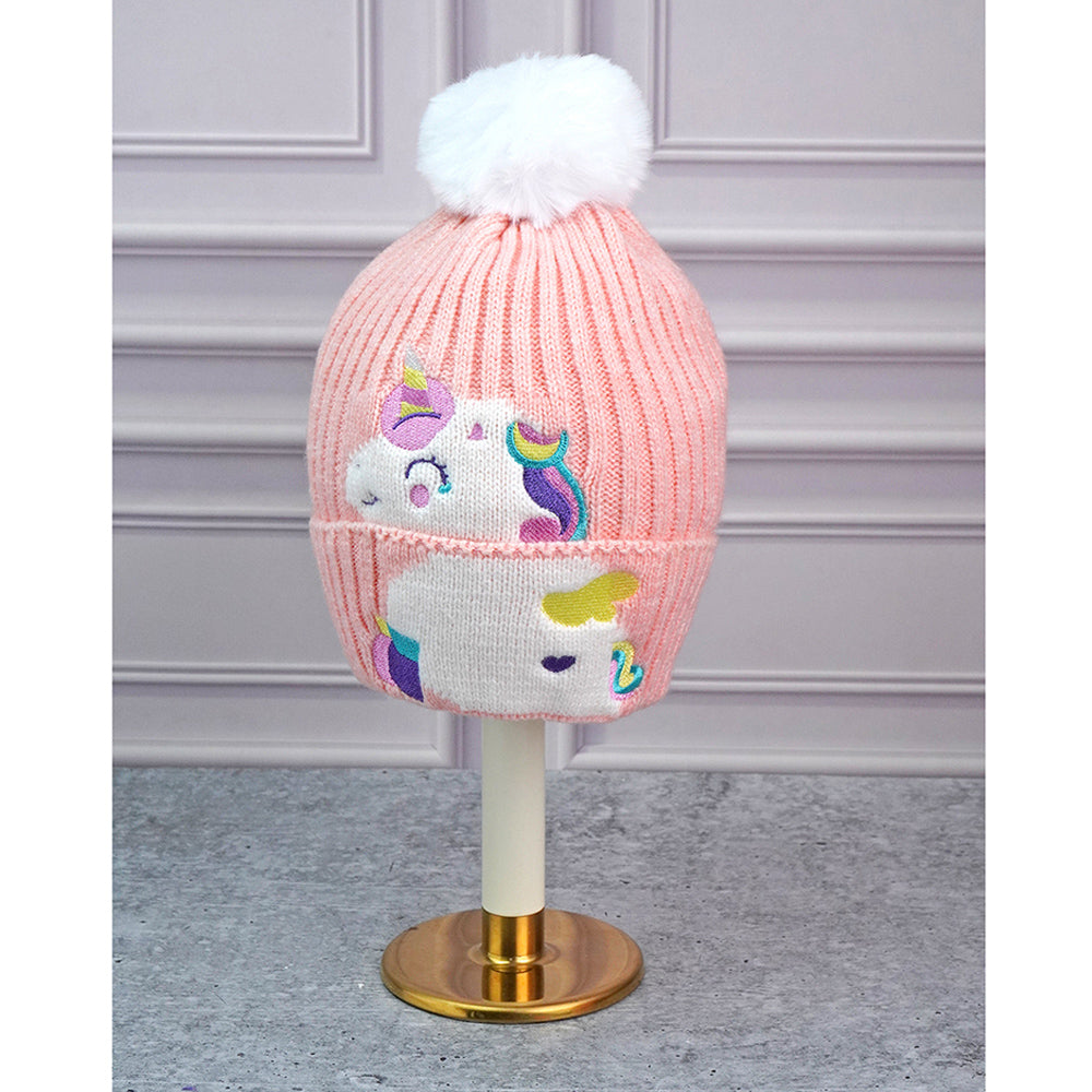 2pcs Peach Unicorn themed Beanie Winter Cap with matching Neck Cuff style Muffler for Kids, 4-10 Years