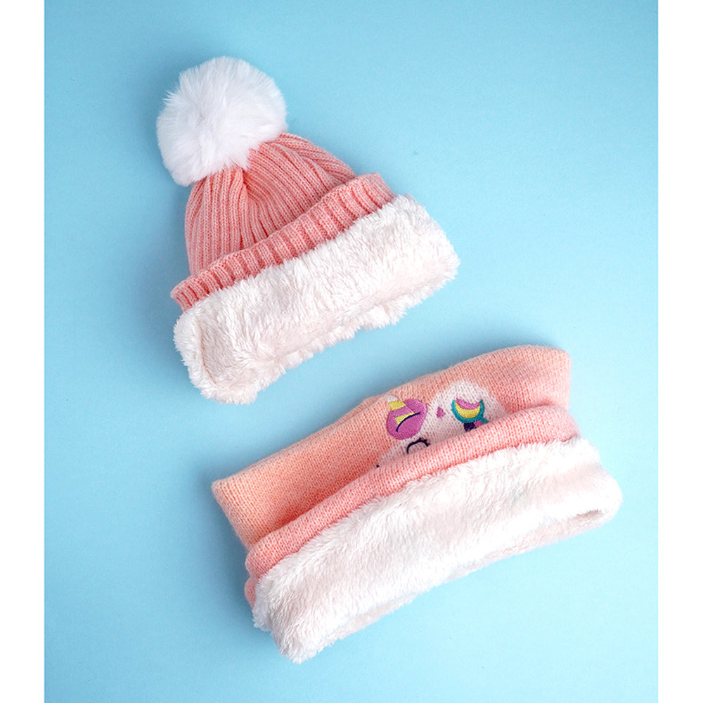 2pcs Peach Unicorn themed Beanie Winter Cap with matching Neck Cuff style Muffler for Kids, 4-10 Years