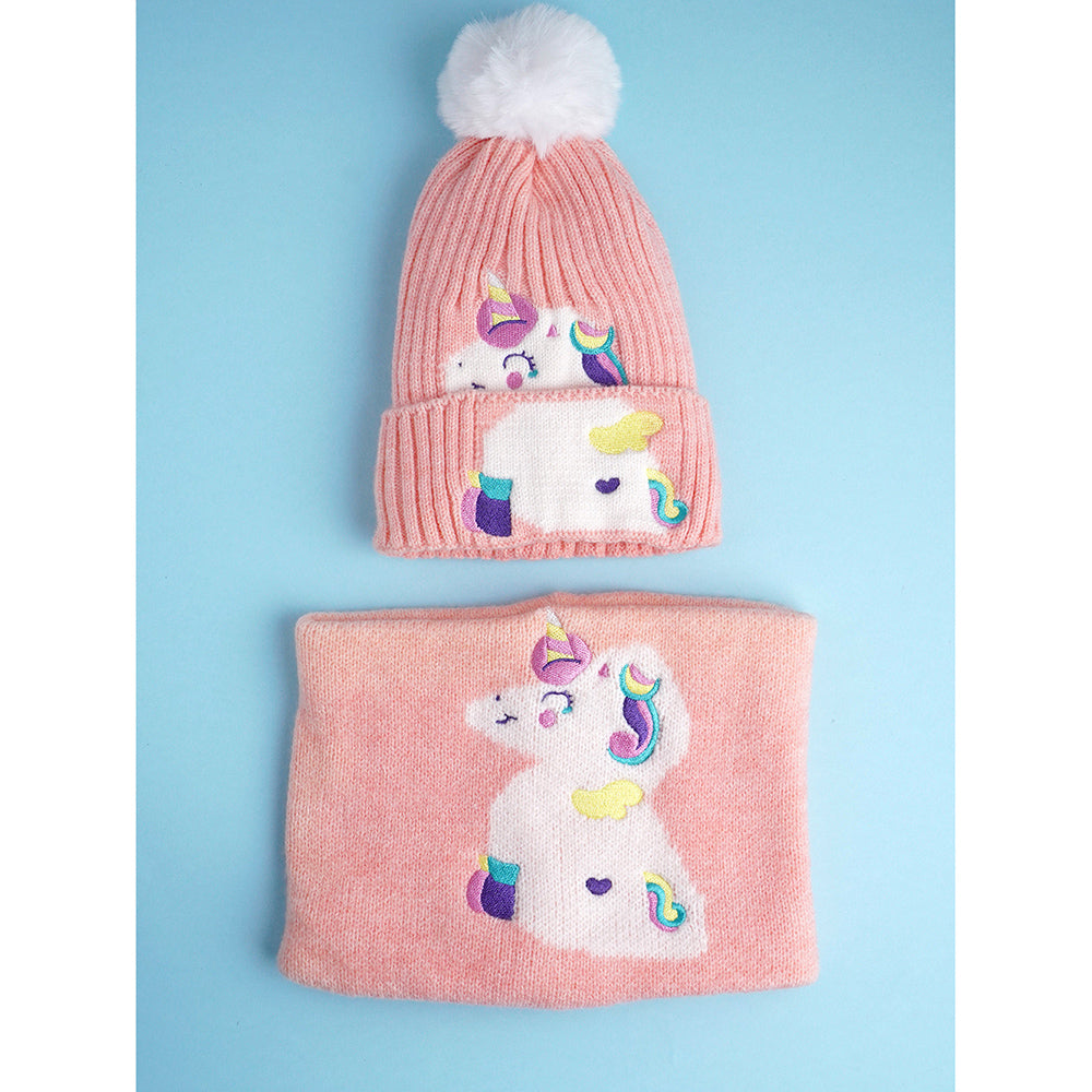 2pcs Peach Unicorn themed Beanie Winter Cap with matching Neck Cuff style Muffler for Kids, 4-10 Years