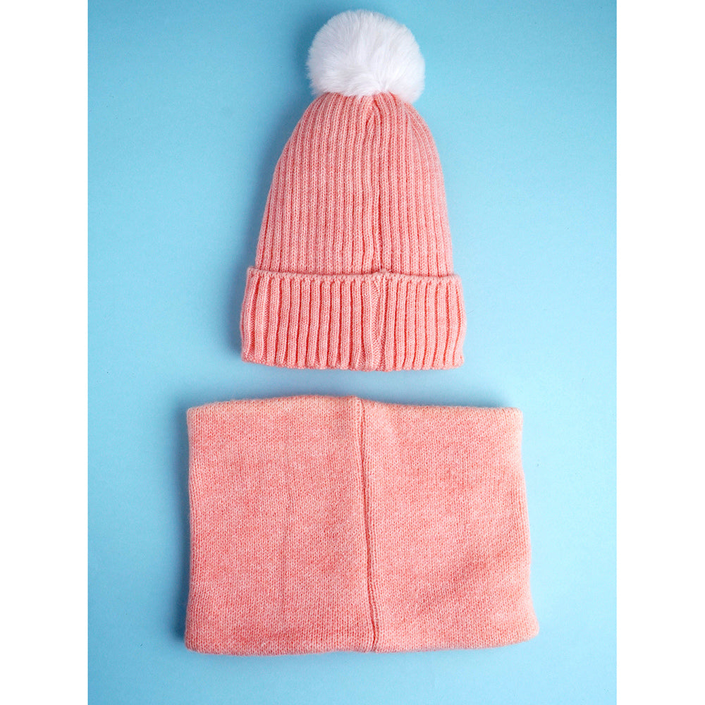 2pcs Peach Unicorn themed Beanie Winter Cap with matching Neck Cuff style Muffler for Kids, 4-10 Years