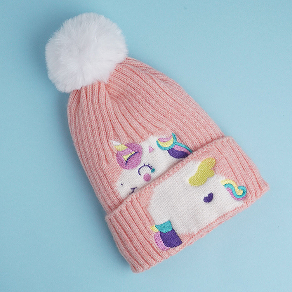 2pcs Peach Unicorn themed Beanie Winter Cap with matching Neck Cuff style Muffler for Kids, 4-10 Years