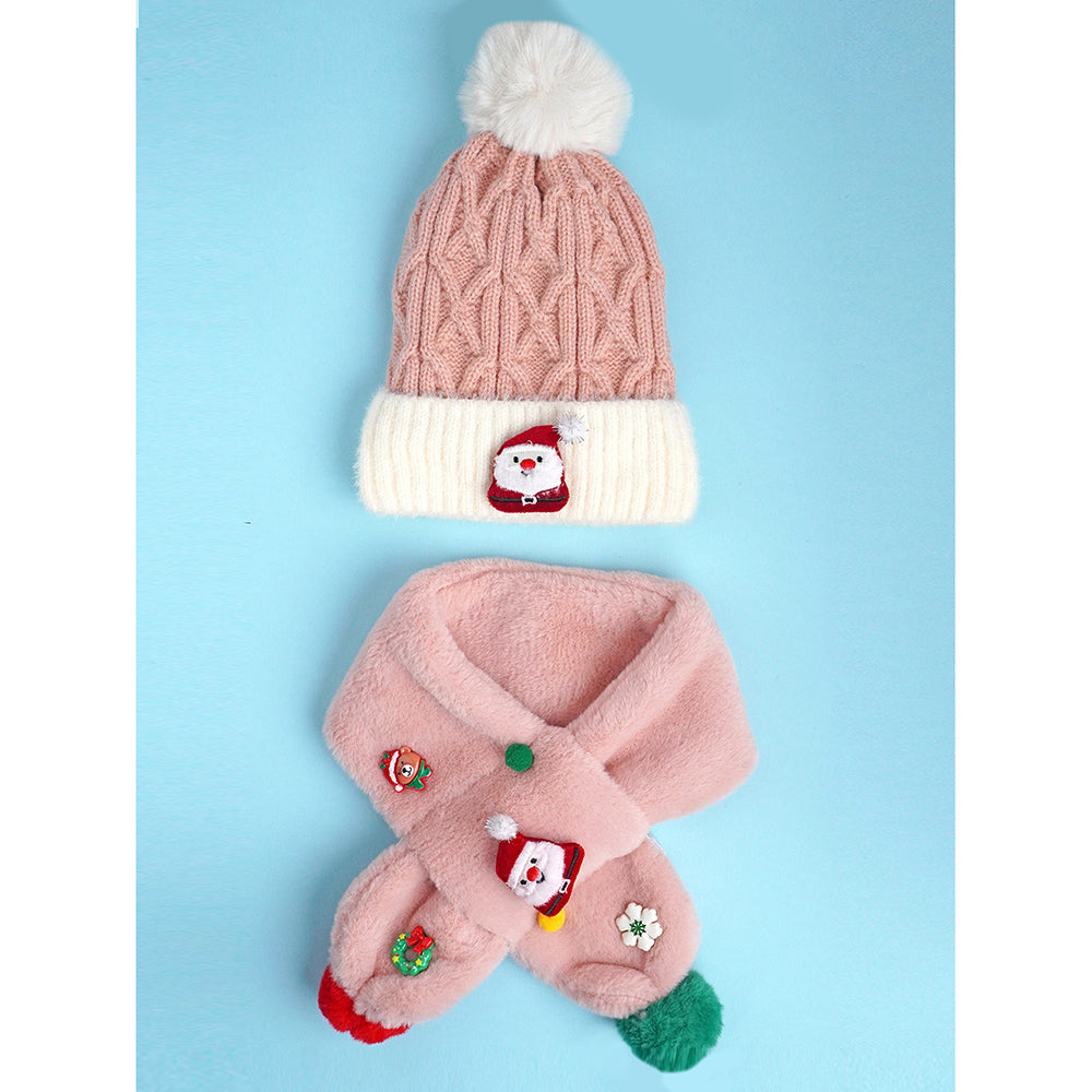 2pcs Pink Santa Christmas themed Winter Cap Beanie with matching Long style Neck Muffler for Kids, 3-10 Years