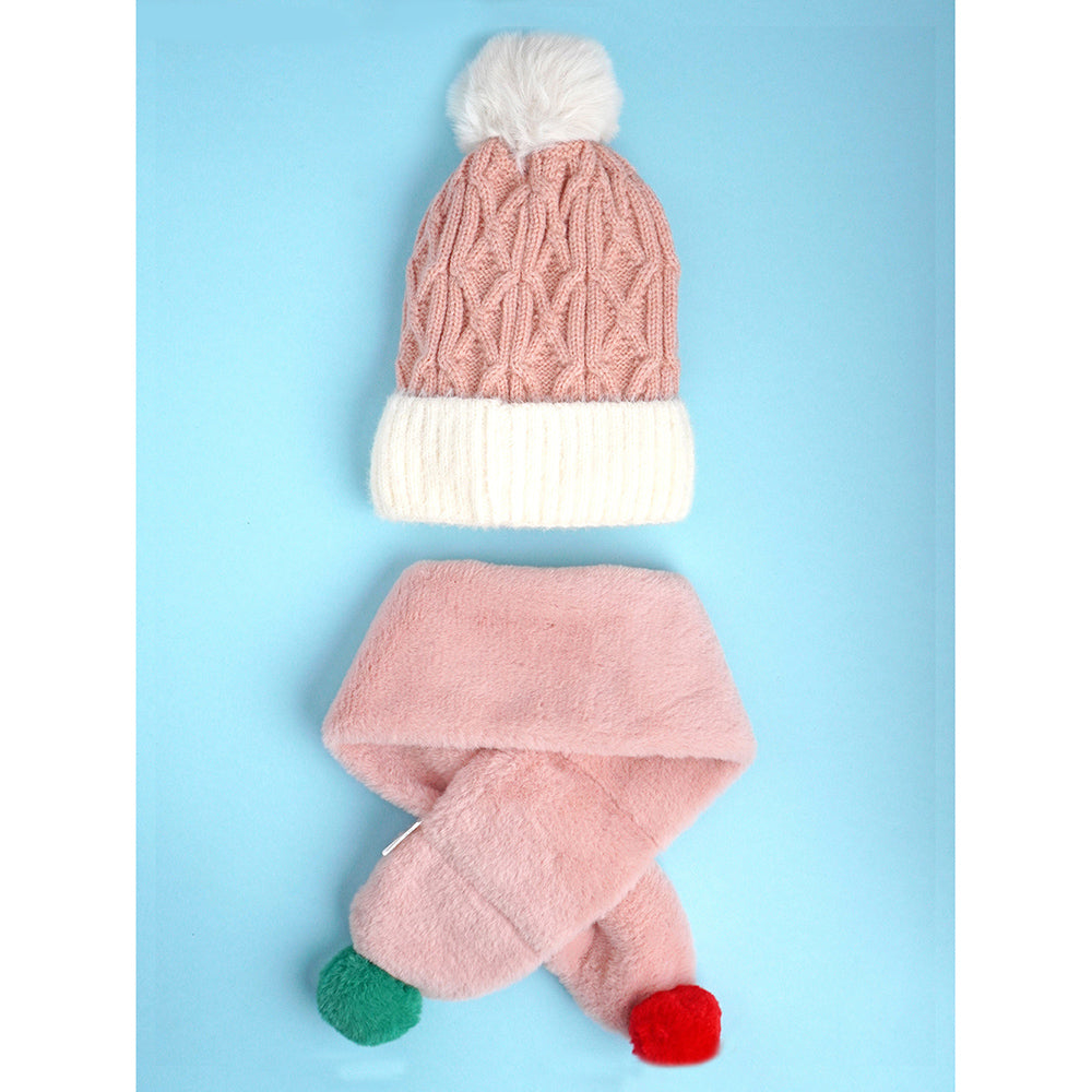 2pcs Pink Santa Christmas themed Winter Cap Beanie with matching Long style Neck Muffler for Kids, 3-10 Years