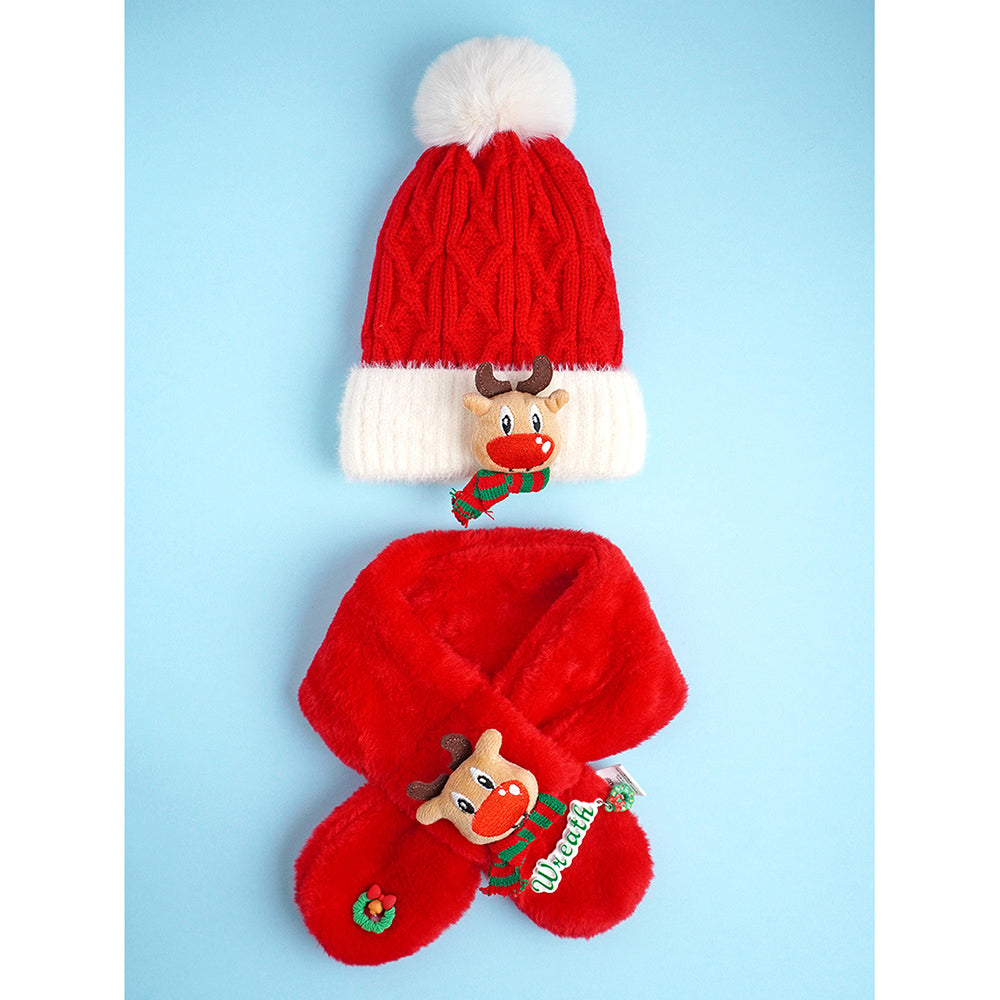 2pcs Red Reindeer themed Winter Cap Beanie with matching Long style Neck Muffler for Kids, 3-10 Years