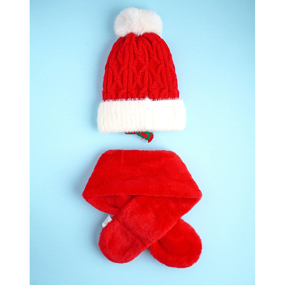 2pcs Red Reindeer themed Winter Cap Beanie with matching Long style Neck Muffler for Kids, 3-10 Years