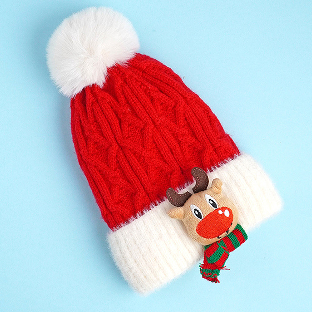 2pcs Red Reindeer themed Winter Cap Beanie with matching Long style Neck Muffler for Kids, 3-10 Years