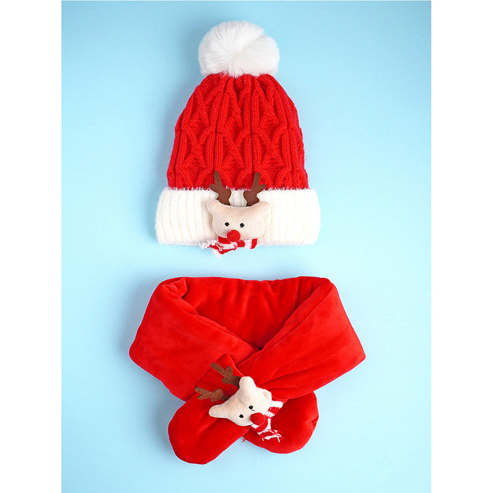 2pcs Red Nose Reindeer themed Winter Cap Beanie with matching Long style Neck Muffler for Kids, 3-10 Years
