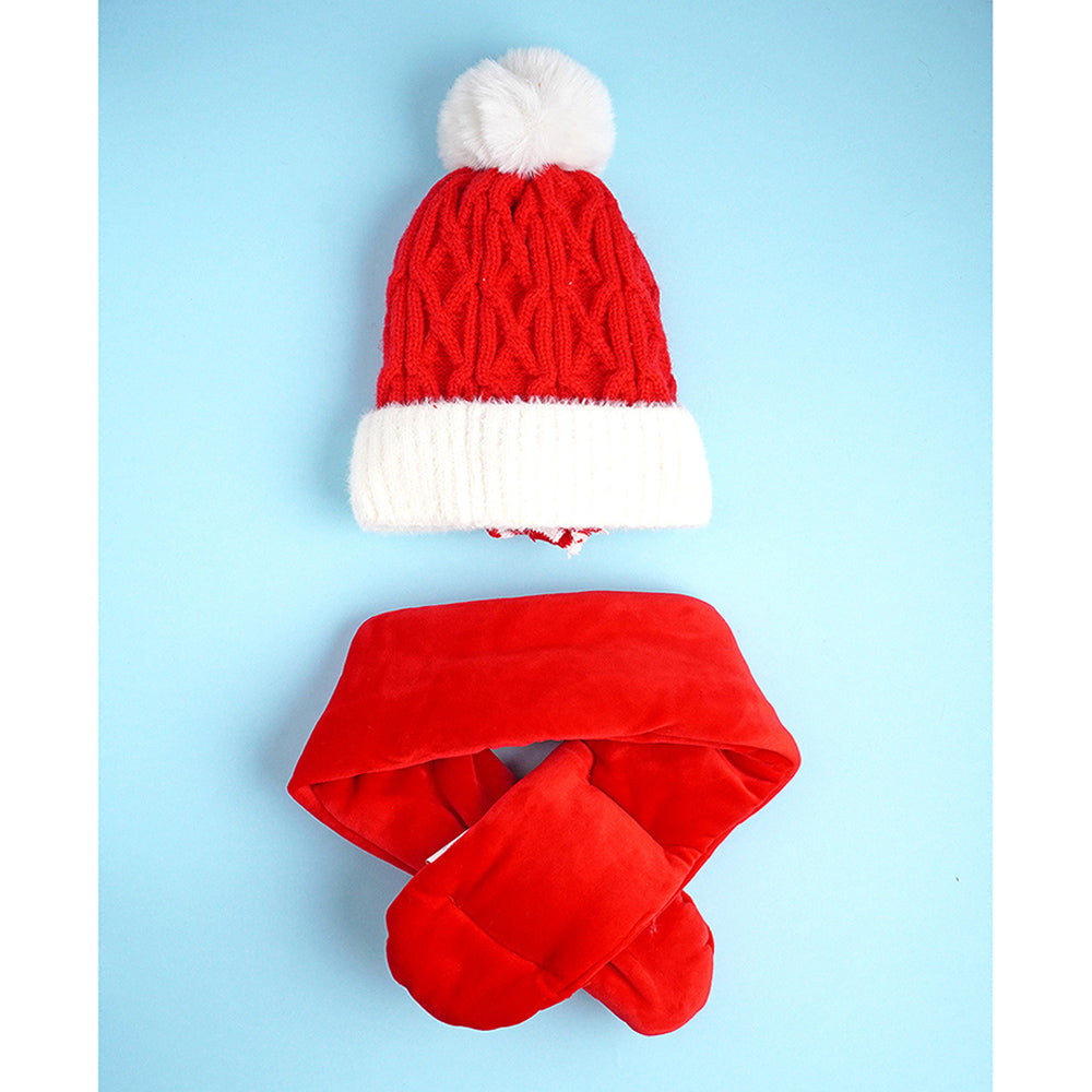2pcs Red Nose Reindeer themed Winter Cap Beanie with matching Long style Neck Muffler for Kids, 3-10 Years