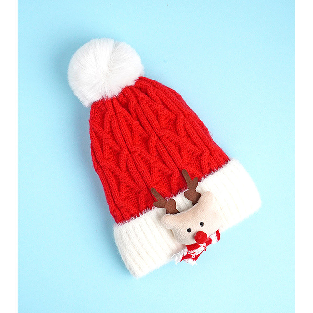 2pcs Red Nose Reindeer themed Winter Cap Beanie with matching Long style Neck Muffler for Kids, 3-10 Years