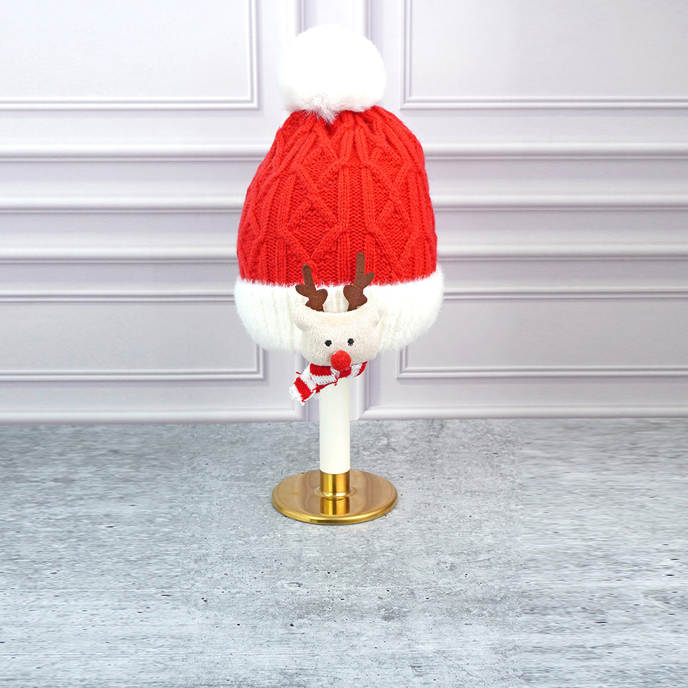 2pcs Red Nose Reindeer themed Winter Cap Beanie with matching Long style Neck Muffler for Kids, 3-10 Years