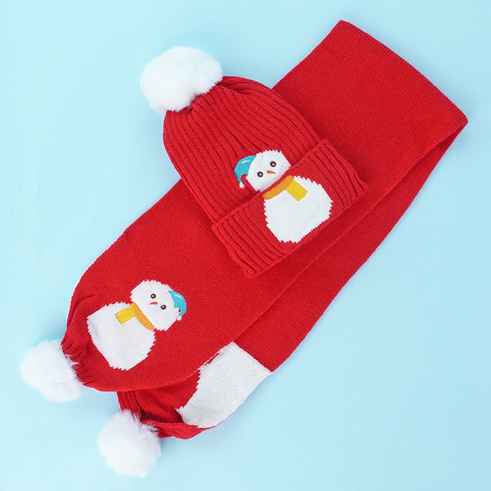 2Pcs Red Snowman Themed Beanie Winter Cap With Matching Long Style Neck Mufflers For Kids, 4-10 Years