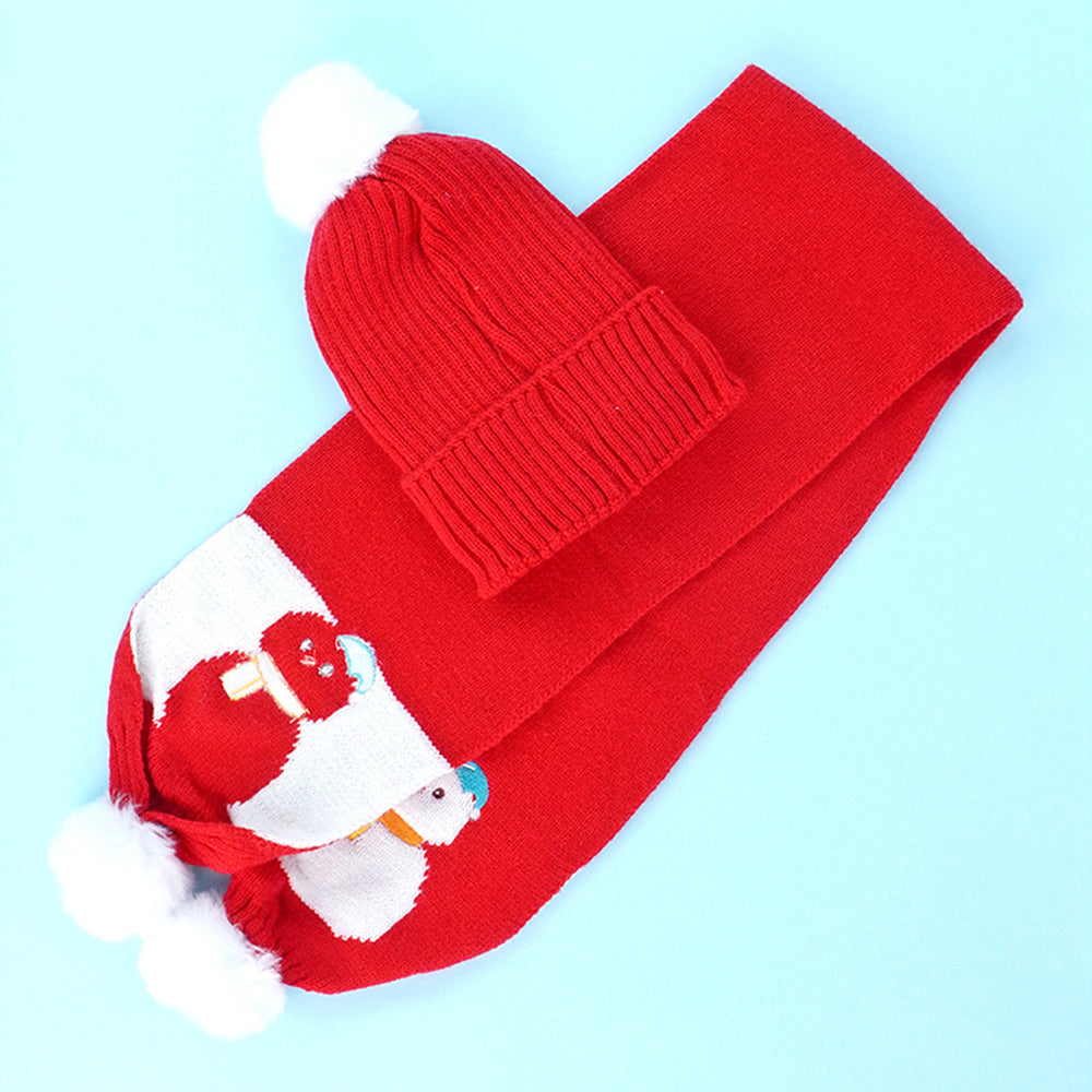 2Pcs Red Snowman Themed Beanie Winter Cap With Matching Long Style Neck Mufflers For Kids, 4-10 Years