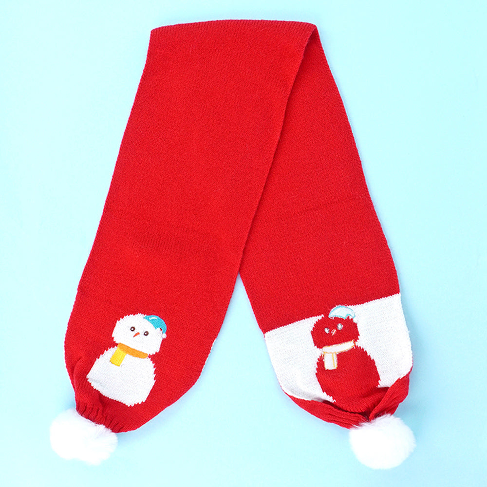 2Pcs Red Snowman Themed Beanie Winter Cap With Matching Long Style Neck Mufflers For Kids, 4-10 Years