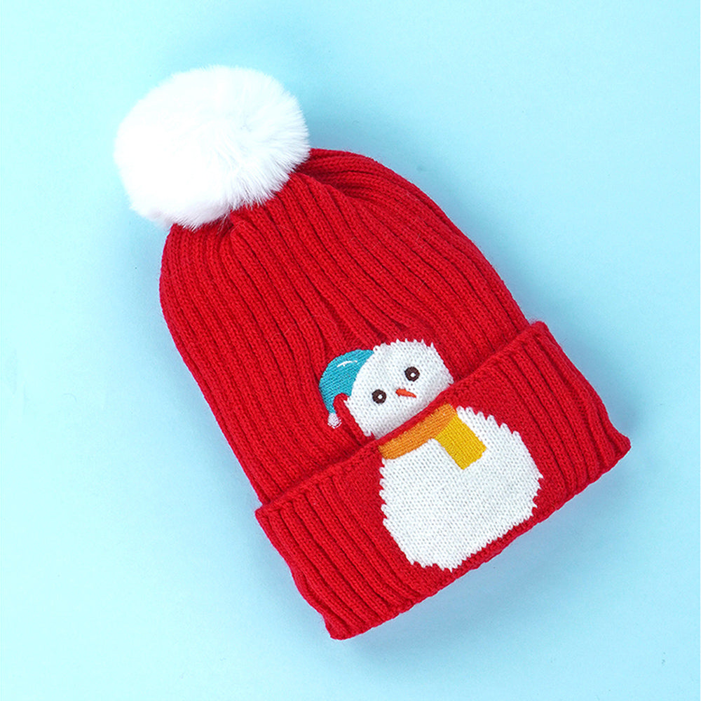 2Pcs Red Snowman Themed Beanie Winter Cap With Matching Long Style Neck Mufflers For Kids, 4-10 Years