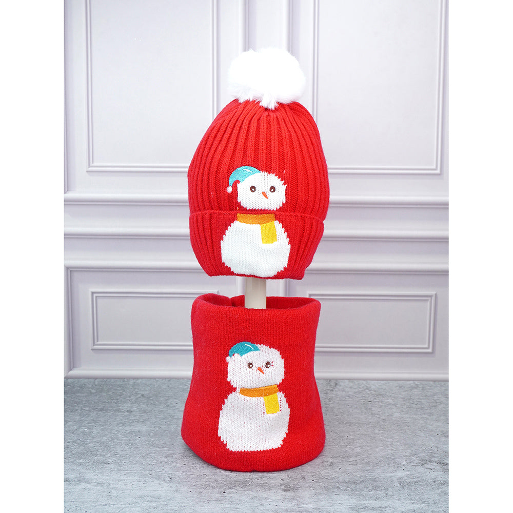 2pcs Red Snowman themed Beanie Winter Cap with matching Neck Cuff style Muffler for Kids, 4-10 Years