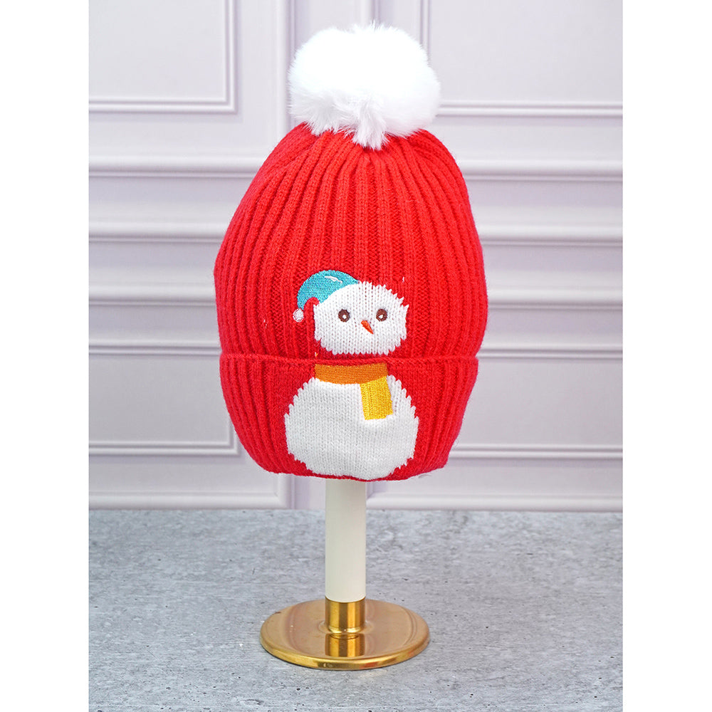 2pcs Red Snowman themed Beanie Winter Cap with matching Neck Cuff style Muffler for Kids, 4-10 Years