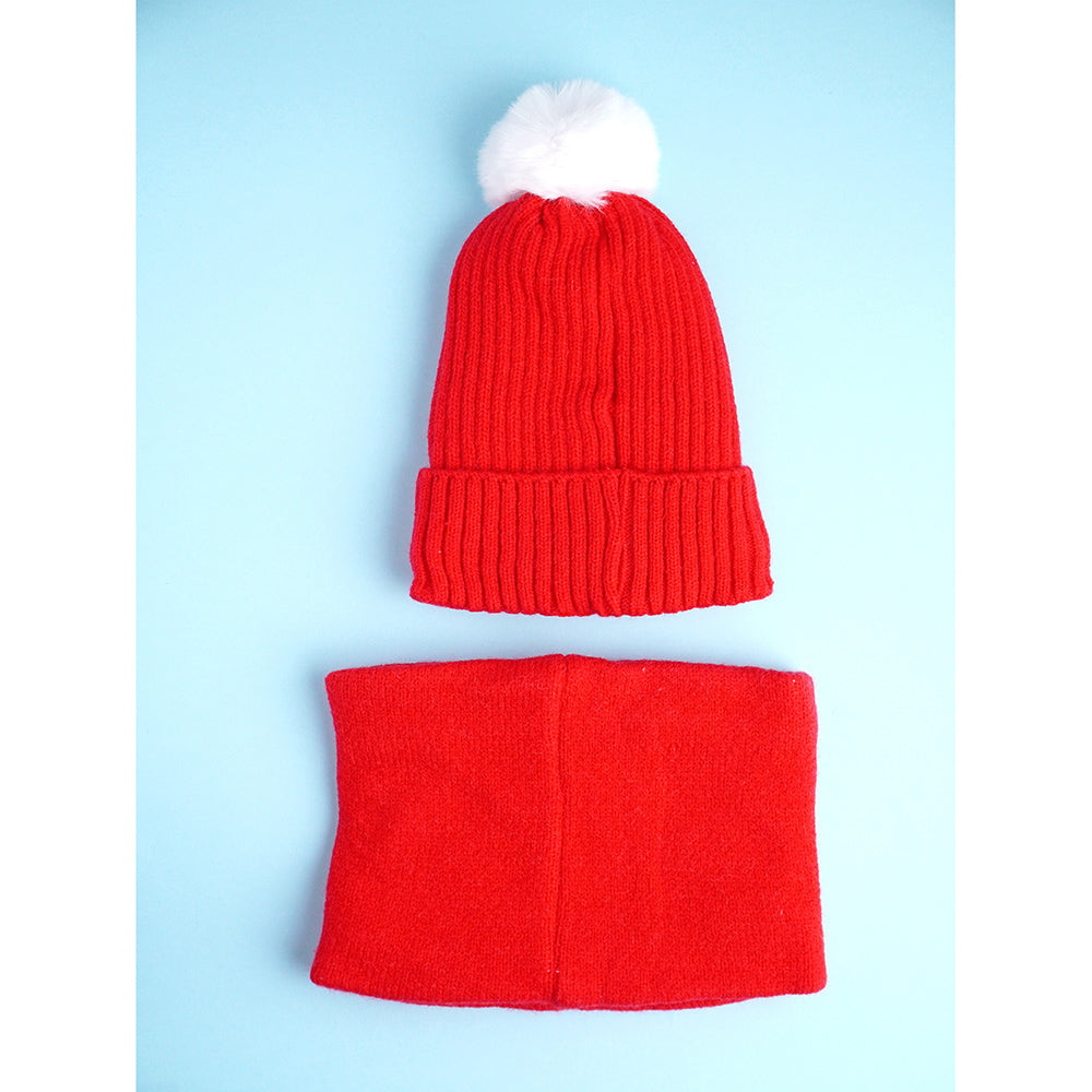 2pcs Red Snowman themed Beanie Winter Cap with matching Neck Cuff style Muffler for Kids, 4-10 Years