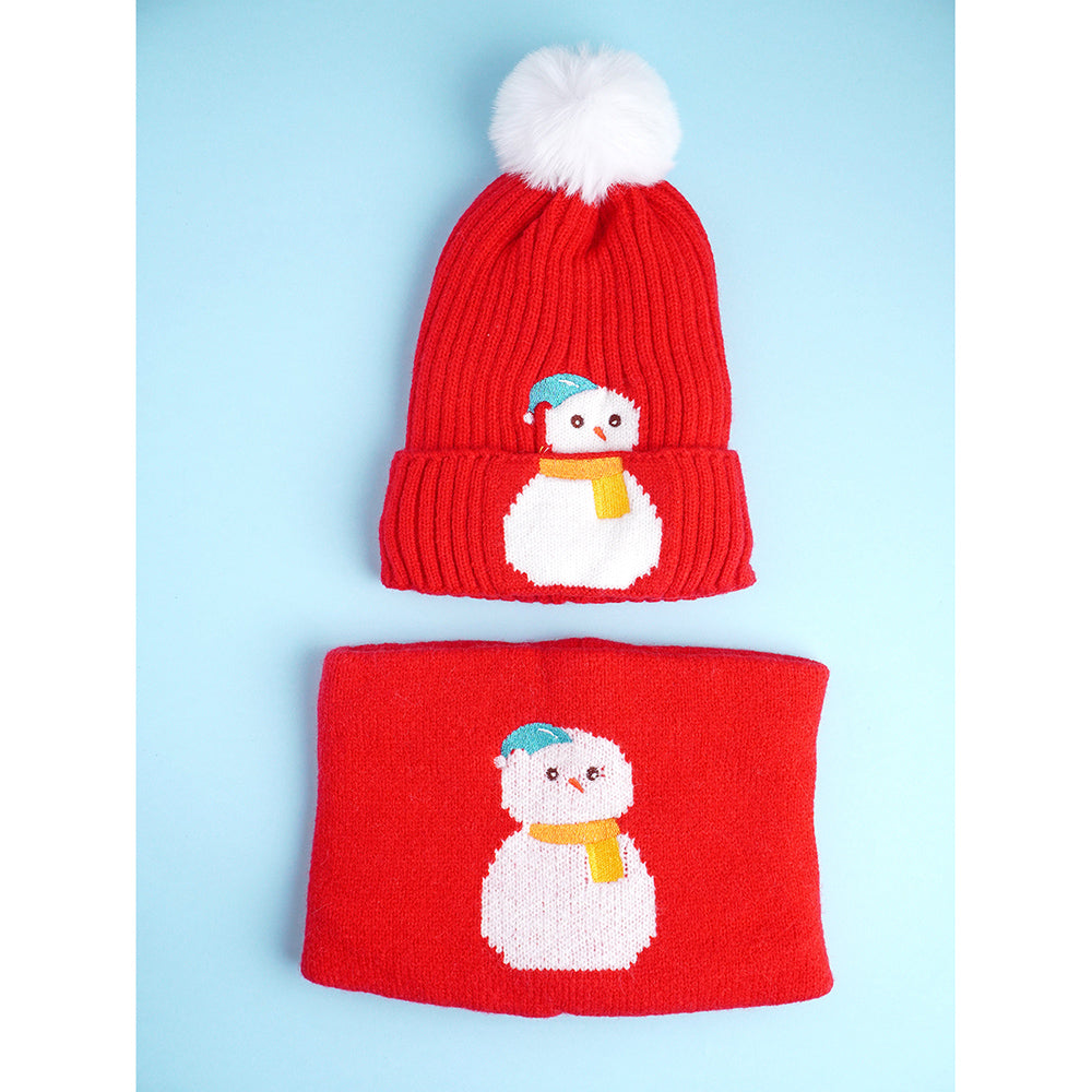 2pcs Red Snowman themed Beanie Winter Cap with matching Neck Cuff style Muffler for Kids, 4-10 Years