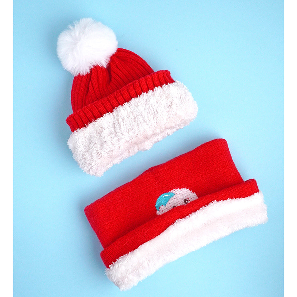 2pcs Red Snowman themed Beanie Winter Cap with matching Neck Cuff style Muffler for Kids, 4-10 Years