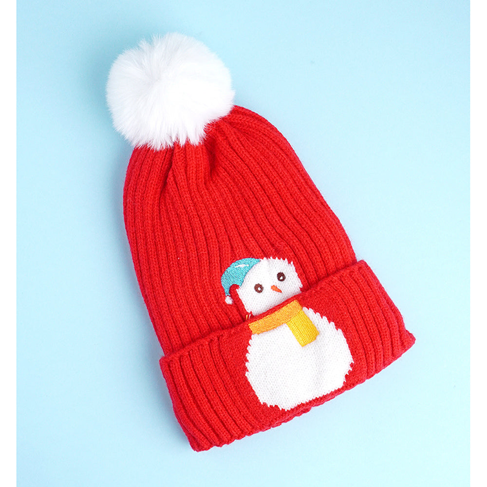 2pcs Red Snowman themed Beanie Winter Cap with matching Neck Cuff style Muffler for Kids, 4-10 Years