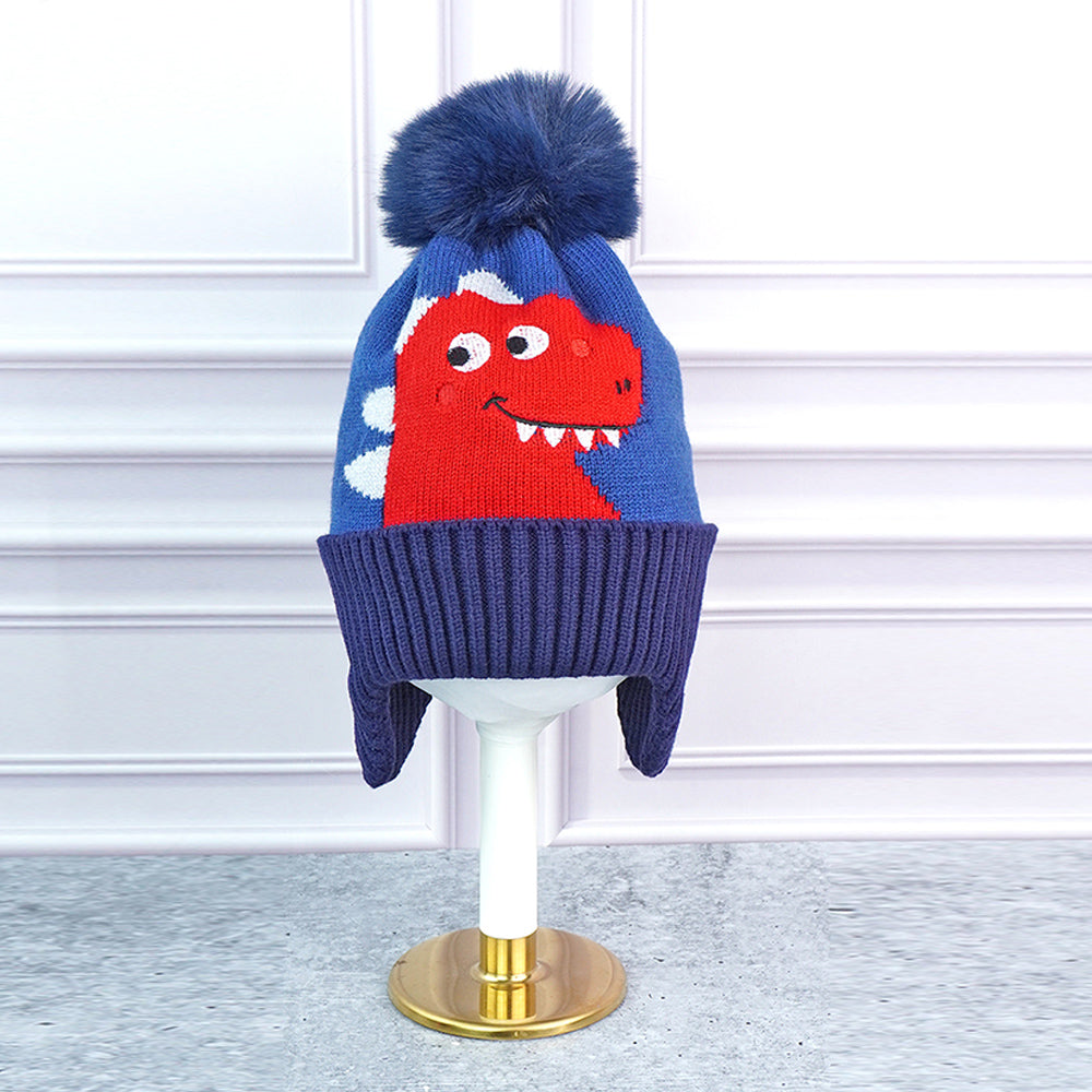 2pcs Blue Red Face Dino themed Beanie Winter Cap with matching Neck Cuff style Muffler for Kids