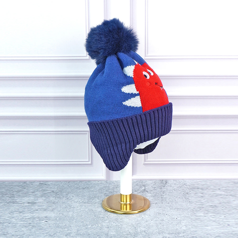 2pcs Blue Red Face Dino themed Beanie Winter Cap with matching Neck Cuff style Muffler for Kids
