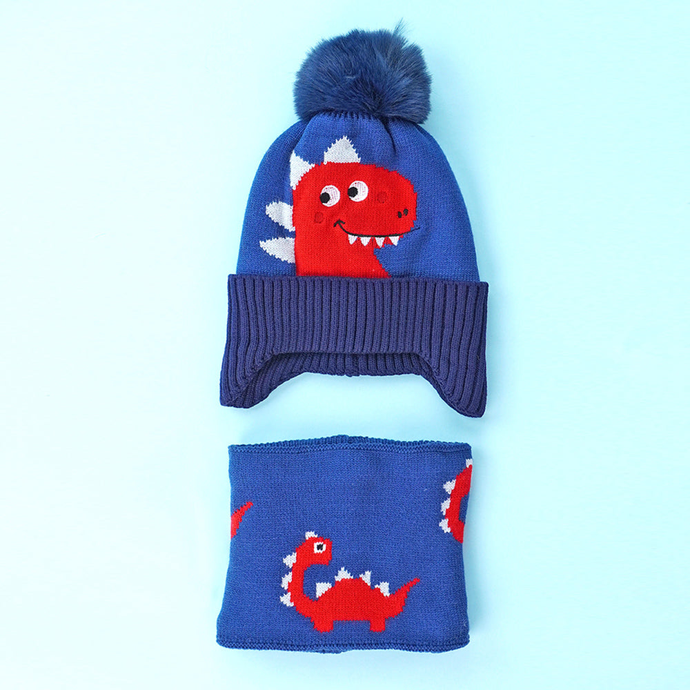 2pcs Blue Red Face Dino themed Beanie Winter Cap with matching Neck Cuff style Muffler for Kids