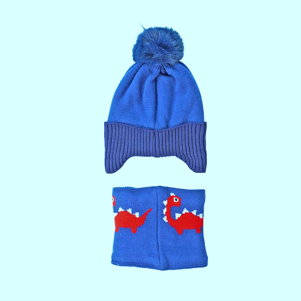 2pcs Blue Red Face Dino themed Beanie Winter Cap with matching Neck Cuff style Muffler for Kids